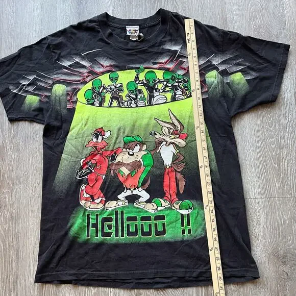 Vintage 90s Looney Tunes UFO Alien All Over Print Double Sided T Shirt Mens L